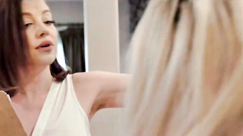 Lexi Lore in white dress posing seductively in mirror for taboo stepdad fun