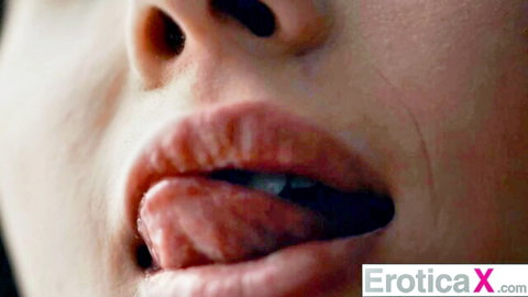 Maddy May's lips and tongue in seductive close-up for sloppy blowjob
