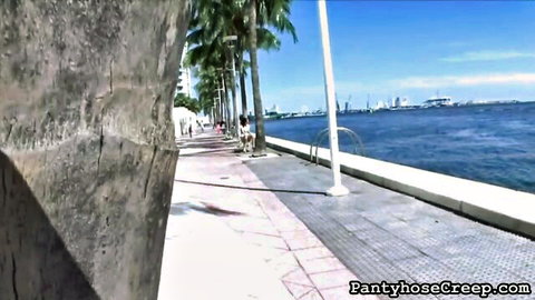 Adrianna Lily's pantyhose legs in public waterfront voyeur creep shot
