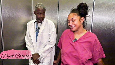 Curvy nurse in pink scrubs with black doctor in naughty cosplay teaser