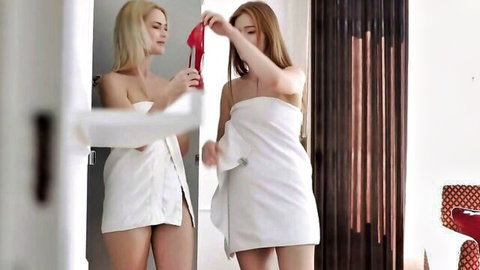 Skinny topless blonde and redhead teens flaunt bare perky tits teasing with red panties in towels