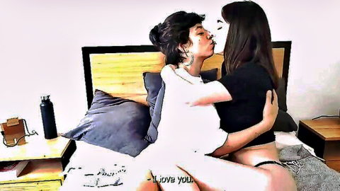 Two amateur brunettes passionately kissing in homemade threesome preview