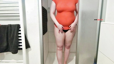 Shira-shine pregnant beauty in orange top and black panties, teasing big tits in shower