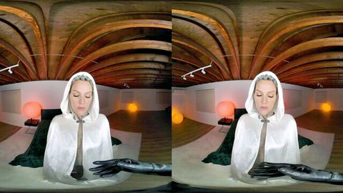 Princess Irulan in elegant white robe and black gloves, VR cosplay tease
