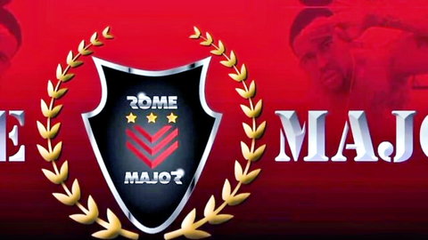 Professional Rome Major boxing logo shield emblem with laurels on red background