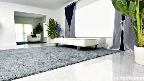 Luxurious modern bedroom interior with white ottoman, gray rug, plants, and marble floor ready for rough sex.