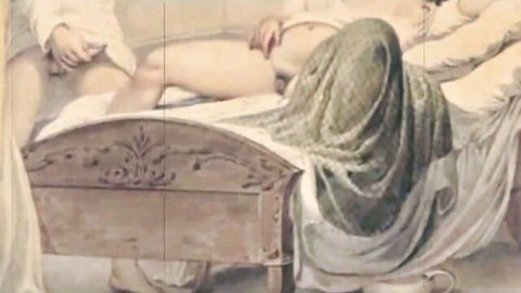 Retro erotic art of nude woman in passionate vintage encounter on bed