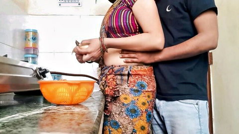 Indian beauty Sonu in saree hugged by Hunter in steamy kitchen embrace