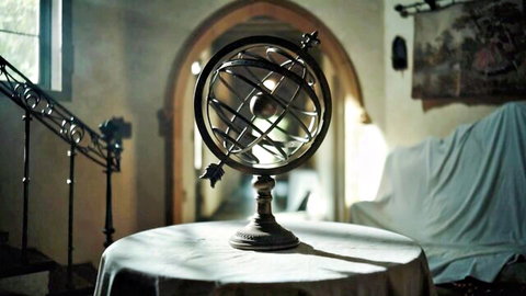 Antique armillary sphere on round table in ornate arched room with wrought iron and draped fabric