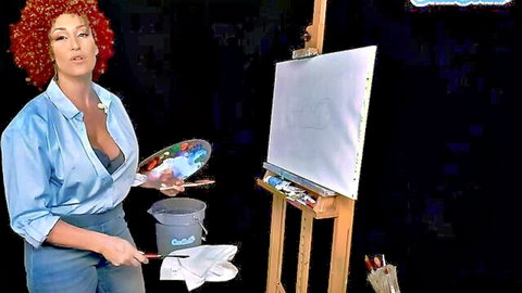 Ryan Keely as sexy Bob Ross MILF cosplay, big tits in painting tutorial
