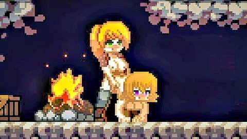 Pixel art blonde futa in stockings dominating petite nude blonde by campfire