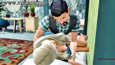 Stepdad intimately embraces busty blonde stepdaughter in passionate pose