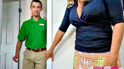 Jodi West hotwife in cleavage top and skirt tips service man at door