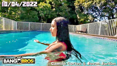 Camila Cortez in red bikini by pool with Jovyan Jordan BangBros