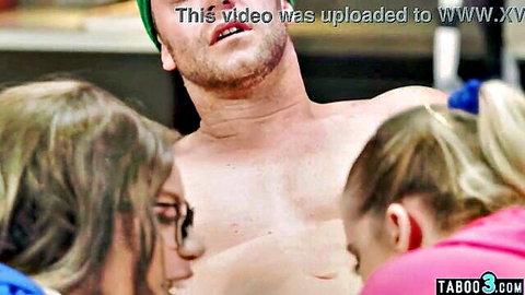 Busty Amber Alena and Codi Vore giving physiotherapy to shirtless guy