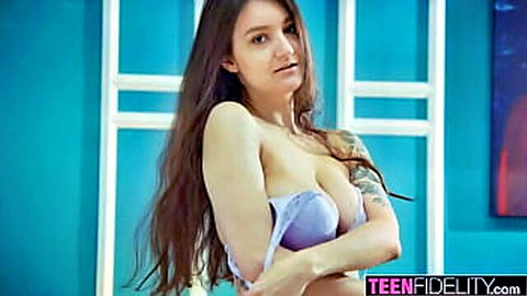 Busty teen with massive natural tits slipping purple bra exposing huge boobs