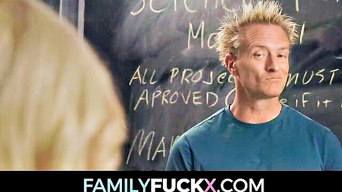 Blonde student faces spiky-haired teacher in classroom taboo setup before fucking.