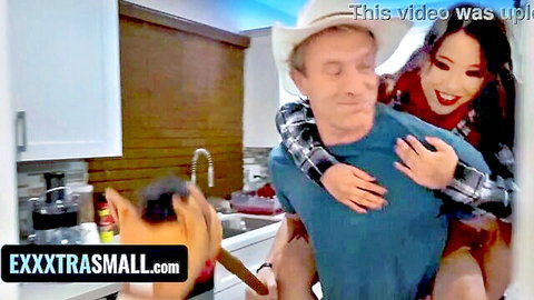 Alona Bloom tiny Asian cowgirl in plaid shirt rides muscular boyfriend's big dick