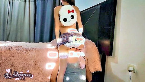 Petite Asian schoolgirl in plaid skirt with Hello Kitty backpack begs for oral