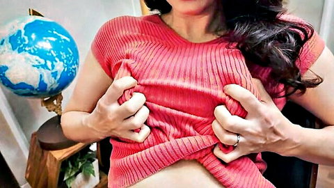 Saki Oishi mature Japanese exposing breasts in red sweater, solo tease