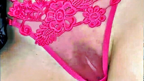 Close-up of wet pink pussy in sheer lace lingerie, teasing arousal