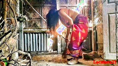 Sexy Indian village wife bent over in sari, outdoor doggy style pose