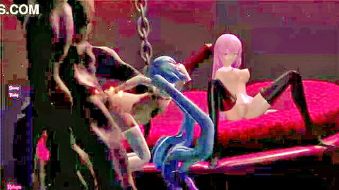Pink-haired anime babe endures massive blue tentacle penetration in bondage