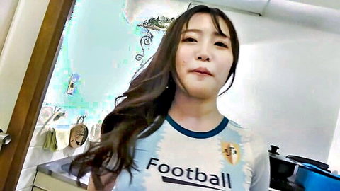 19-year-old F-cup Asian shop clerk in sexy football jersey, gonzo style