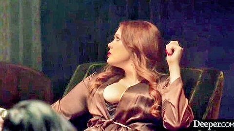 Maitland Ward in open satin robe, teasing cleavage in threesome preview