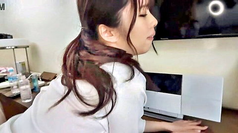 Lima (18) as seductive JK in white blouse, eyes closed in ecstasy at desk