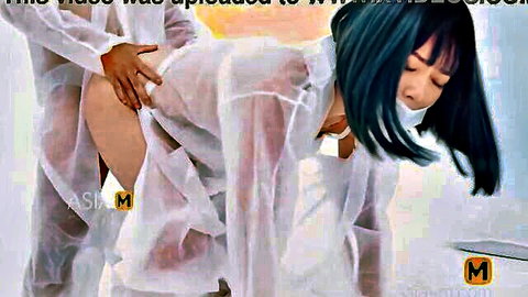 Shu Ke Xin in semi-transparent white shirts, blue hair, masks, erotic rear touching