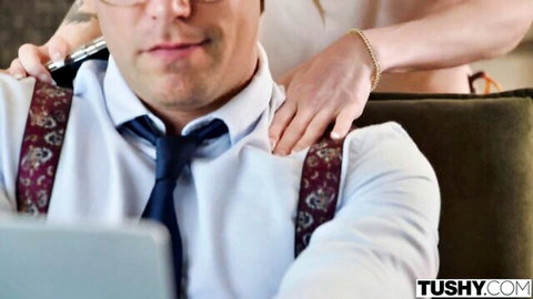 Madi Collins seduces suited man from behind in office tease