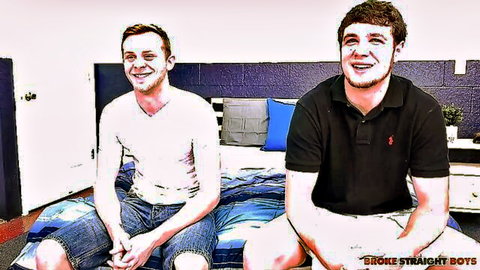 James Andrews and Chandler Scott smiling clothed on bed for wild threesome