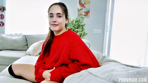 Daisy Phoenix in red sweater teasing for hot threesome with Monica Santhiago