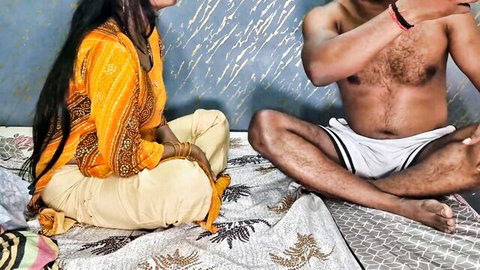 Naveen and Promila in saree and shorts, desi couple teasing on bed
