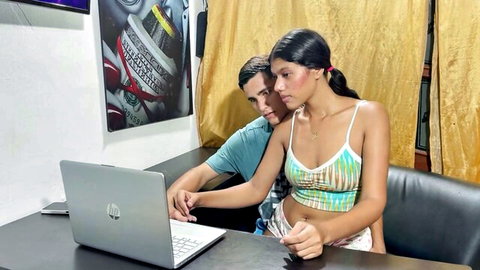 Naughty Indian aunty in green tank top teased by man at laptop