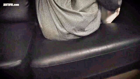 Petite busty babe in gray dress spreading legs on couch in FC2PPV hardcore scene