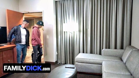 Stepdad in leather jacket and stepson in hoodie enter hotel bedroom for gay anal creampie