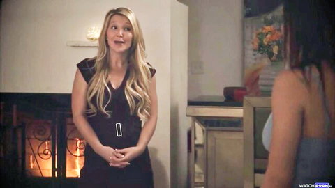 Blonde Laura Bentley in black dress faces Rissa May in taboo lesbian scene