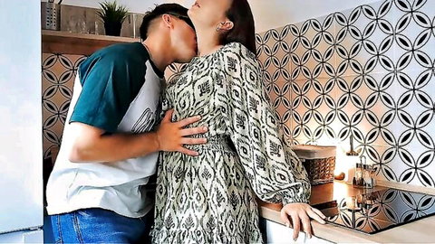 Amateur brunette wife kissed on neck by partner in teasing foreplay