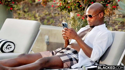 Handsome black man relaxes poolside in open shirt, Blacked interracial teaser