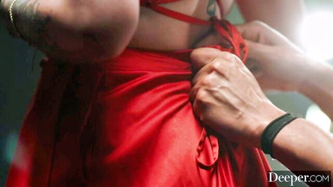 Dylan Moore in red dress undressed from behind passionately, 4K