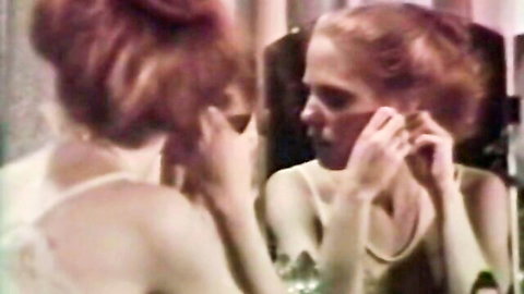 Retro redhead teen in white tank top gazing in mirror, vintage hairy stepdaughter tease