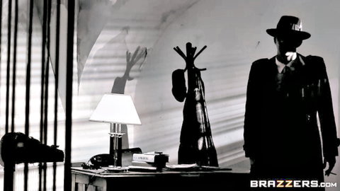 Shadowy noir detective in trenchcoat stands in dimly lit office before hardcore Brazzers fuck