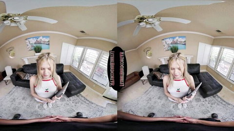 Petite blonde Coco Lovelock in white top, VR POV tease