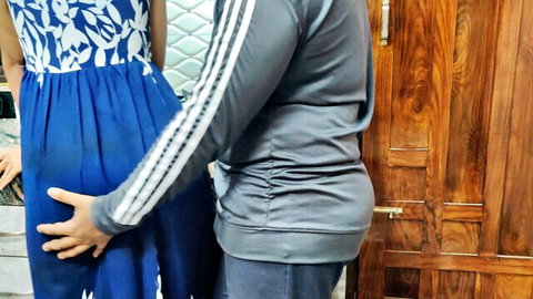 Japanese wife in blue dress groped from behind by man in tracksuit