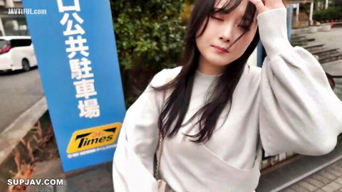Asian beauty in white sweater outdoors, first-time amateur face reveal tease
