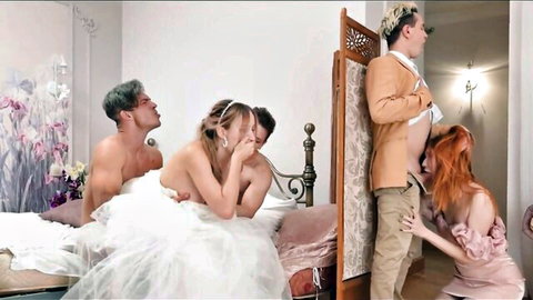 Polly Yangs in wedding dress takes two cocks in hot DP threesome with redhead