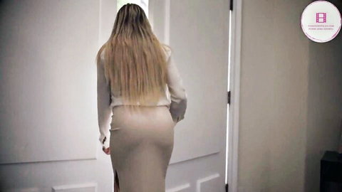 Vivianne DeSilva in tight beige skirt, seductive walk from behind