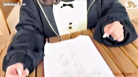 Cute busty Asian girlfriend in formal suit at table, JAV POV tease